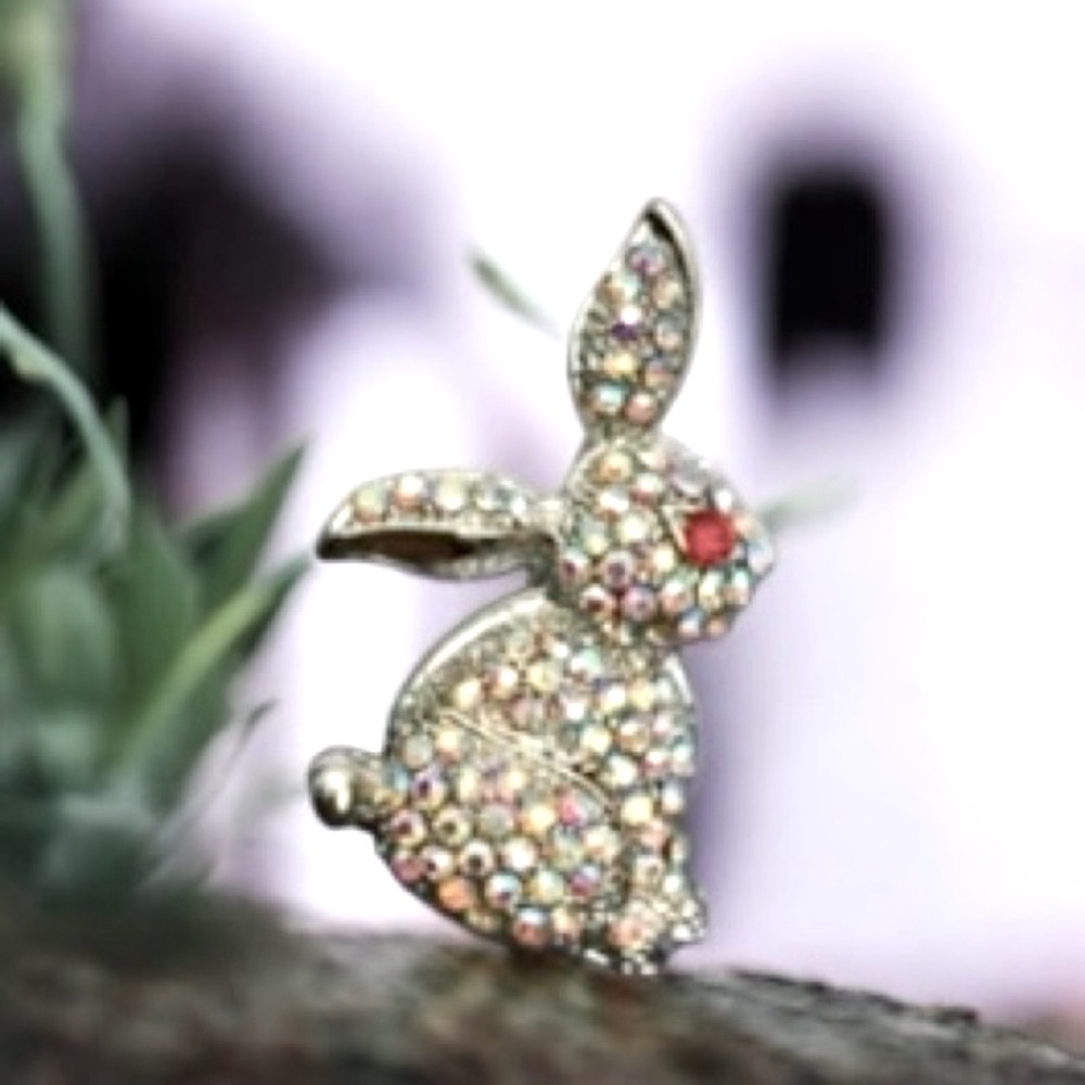 Bunny Rabbit White, Iridescent, Silver, & Rhinestone Brooch Pin - Picture 2 of 6